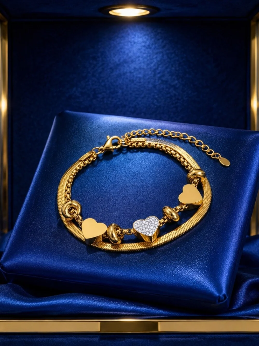 Gold Heart CZ Bead & Snake Chain Bracelet